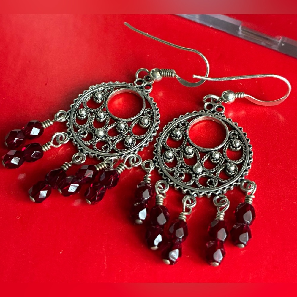 925 Sterling Silver Earrings,Filigree Dangle Earrings with Garnet Red Bead Drops - Picture 3 of 7